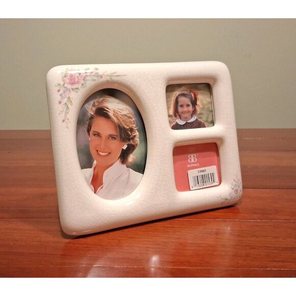 Collage Picture Frame Floral Ceramic Vintage Cottage 3 Photo Crackle Burnes NIB - Picture 1 of 5